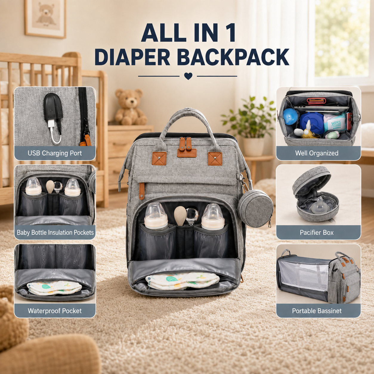 Nesti BabyNest Bag compartments, insulated pockets and USB port