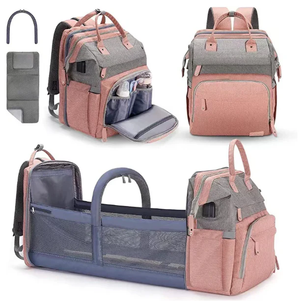 Nesti BabyNest Bag in dune pink and grey, backpack and bed mode