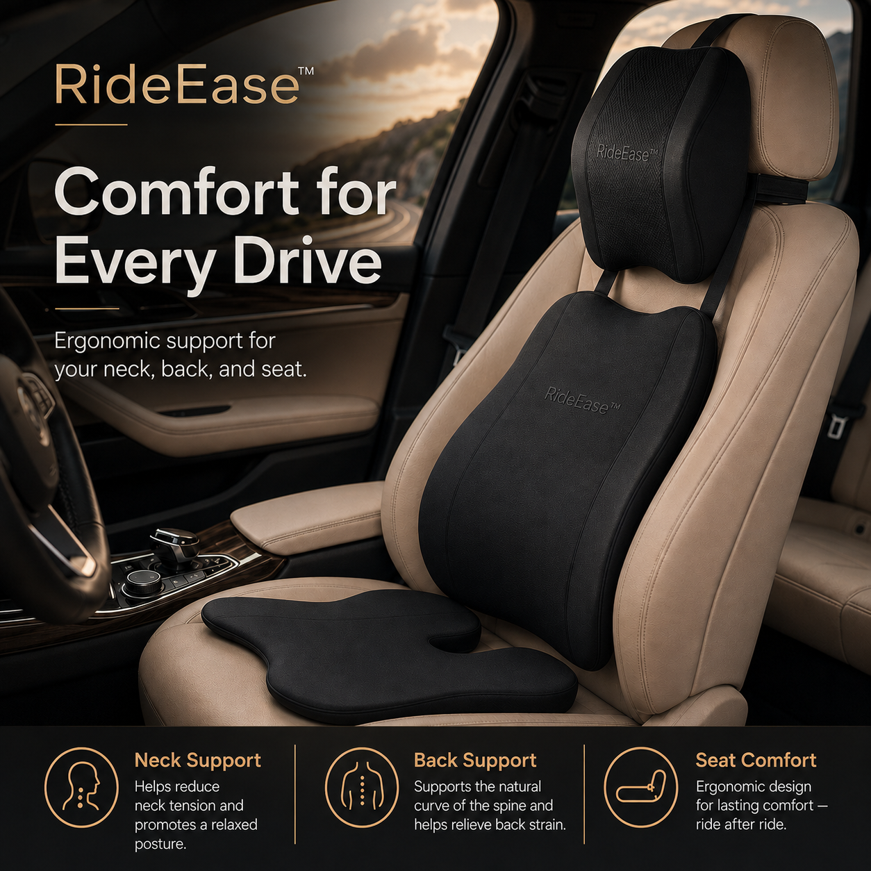 RideEase set installed in a car seat, supporting neck, back and hips