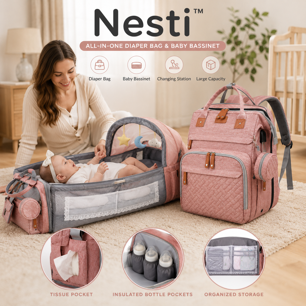 Nesti BabyNest Bag unfolded into a baby bassinet next to the diaper backpack