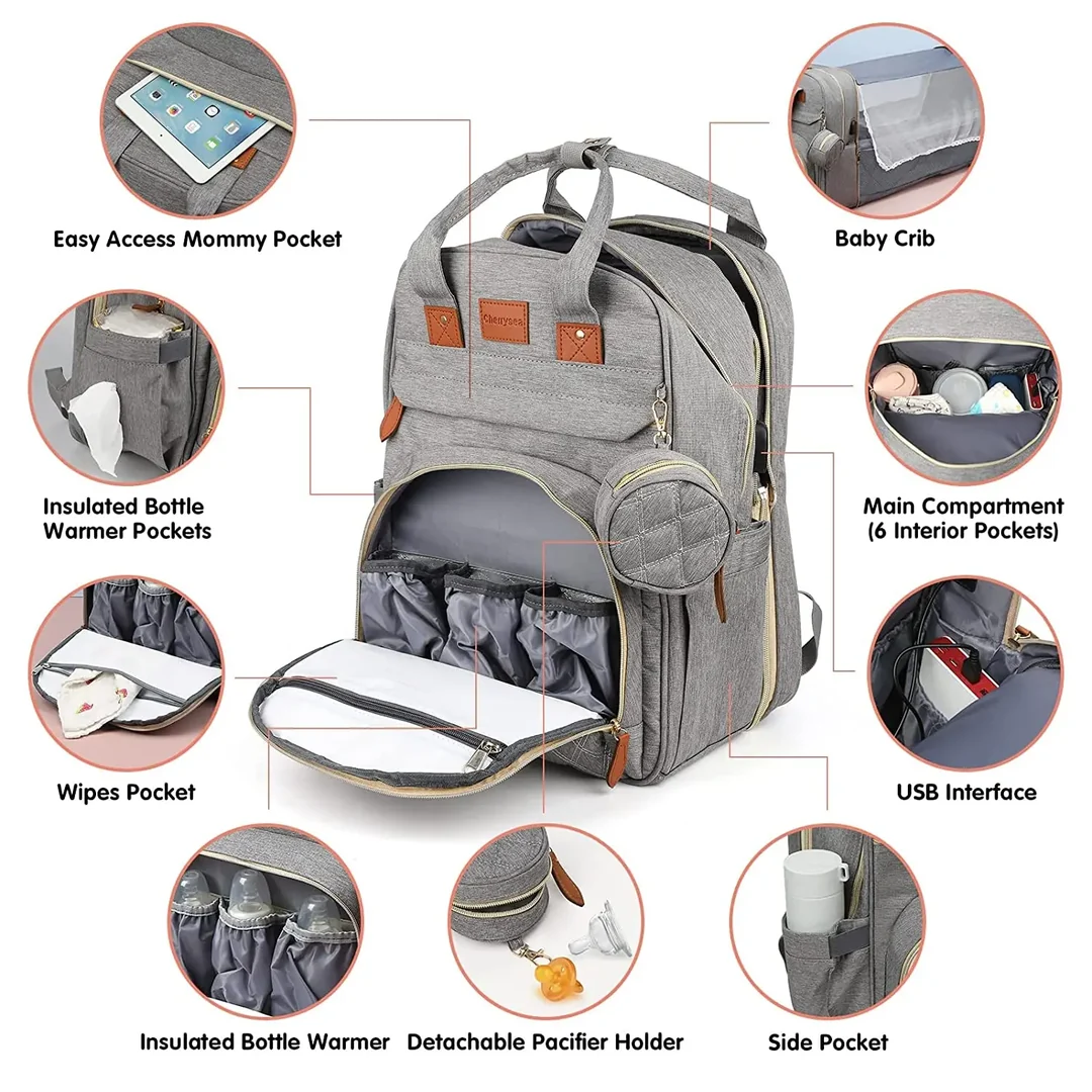Nesti BabyNest Bag feature callouts: mommy pocket, bottle warmers, wipes pocket, USB port and crib