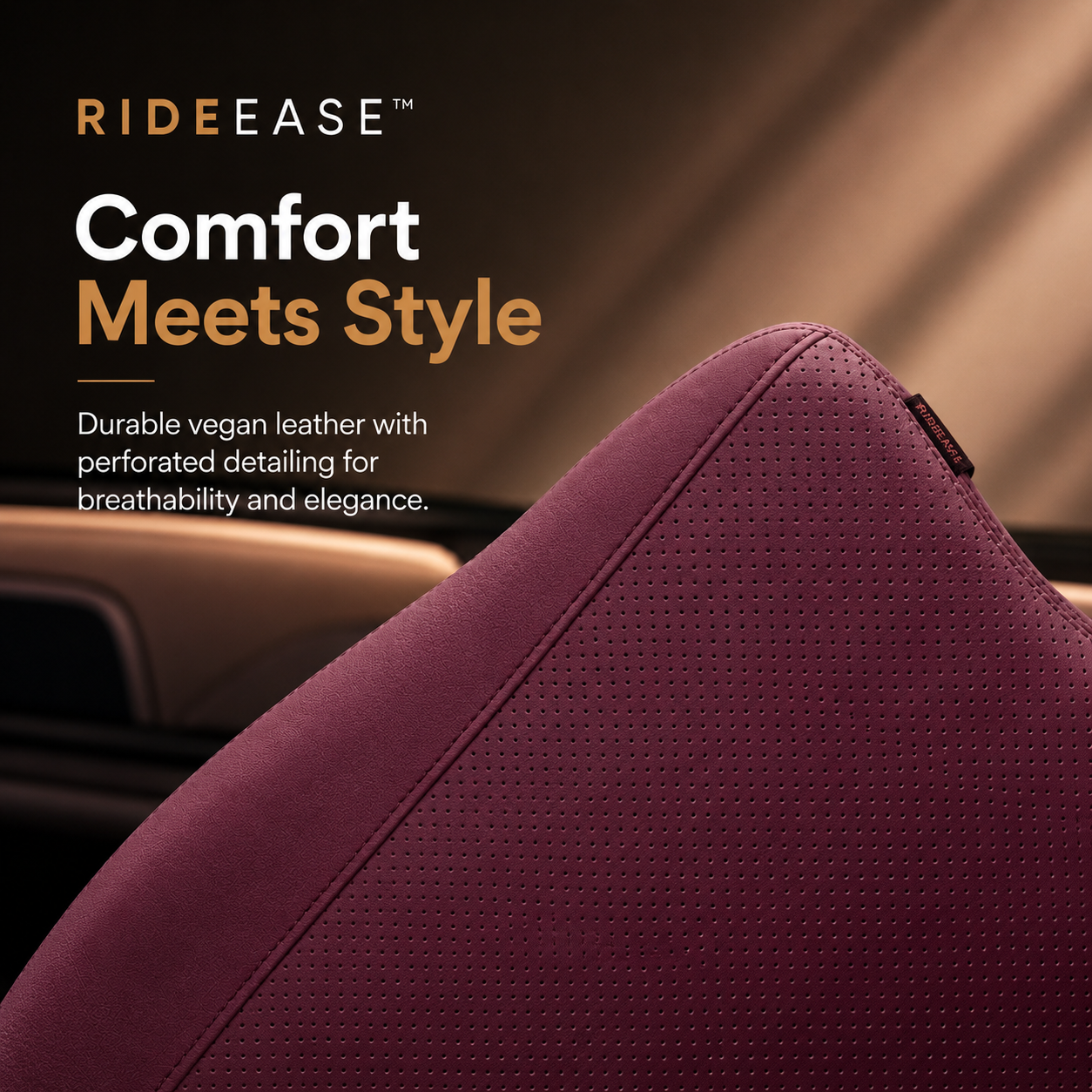 Close-up of the perforated vegan leather cover on a burgundy cushion