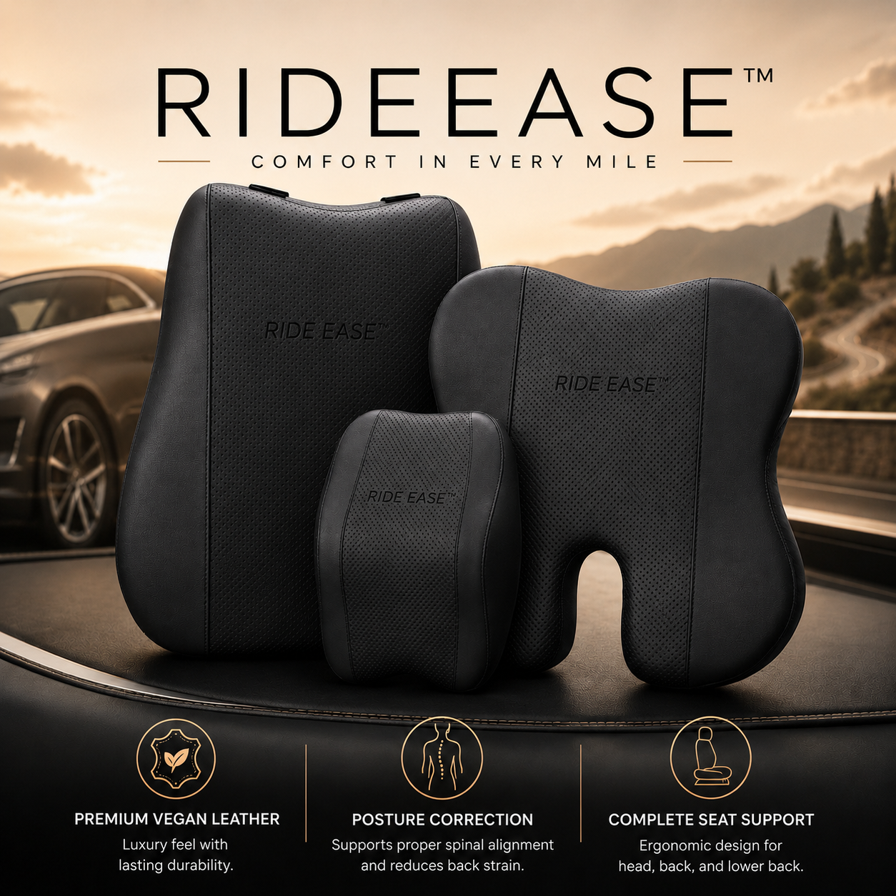 RideEase neck, lumbar and seat cushions standing together at sunset