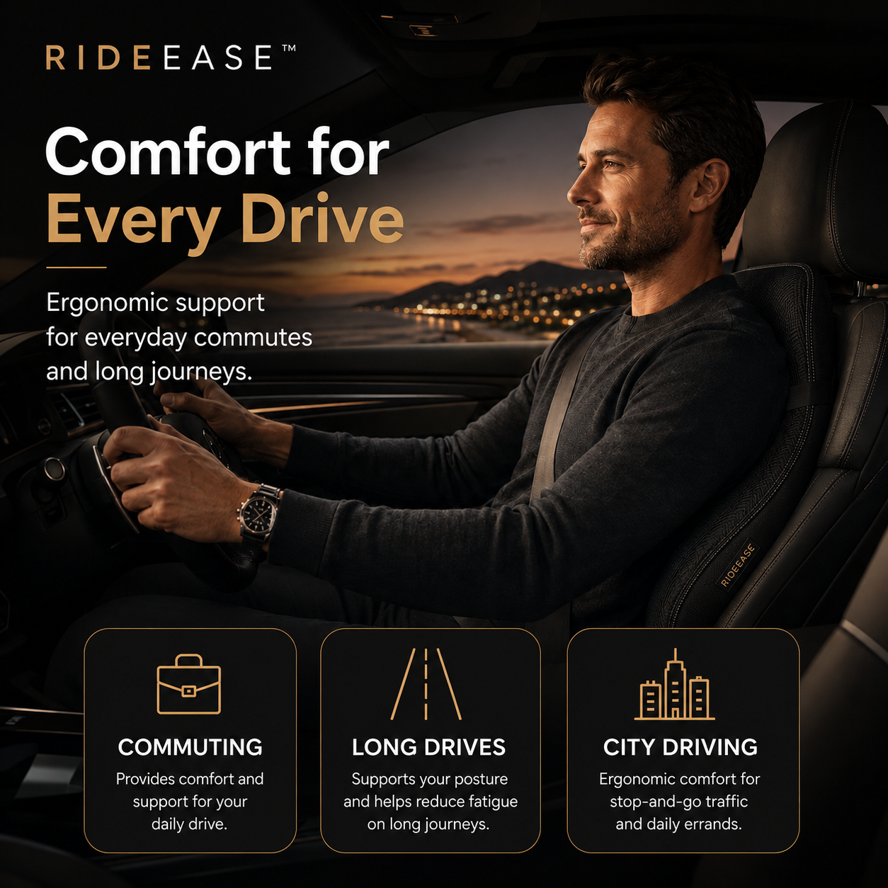 Driver using the RideEase back support on a long highway drive